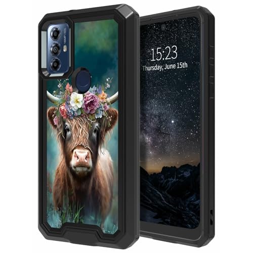 for Motorola Moto G Play 2023 Phone Case,Moto G Pure Phone Case,Moto G Power 2022 Phone Case with Shockproof Heavy Duty Rugged Protective Case Dual Layer Drop Proof Durable Cover,Cute Highland Cow