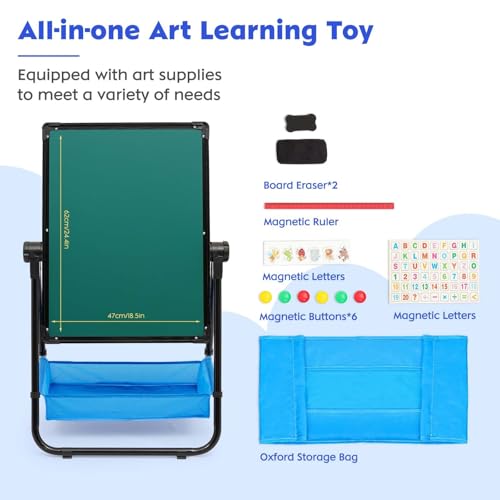 Maycoly Kinder Staffelei Malerei Doppelseitige Tafel für Kinder mit Kreidetafel & Whiteboard 360 drehbare Höhenverstellbar Standtafel mit Zubehör für Jungen Mädchen ab 3 Jahre, Schwarz