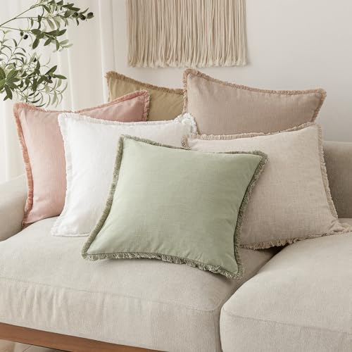 Image of Foindtower Decorative Linen Fringe Throw Pillow Covers Cozy Boho Farmhouse Cushion Cover with Tassels Soft Accent Pillowcase for Chair Sofa Bed Living Room Home Decor, 20x20 Inch, 1PC,Light Sage Green