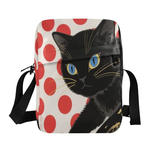 crossbody messenger bag men's shoulder bag Cross Over Purse Adjustable Strap for outdoor sports outdoor sports- Red Dots Black Cat