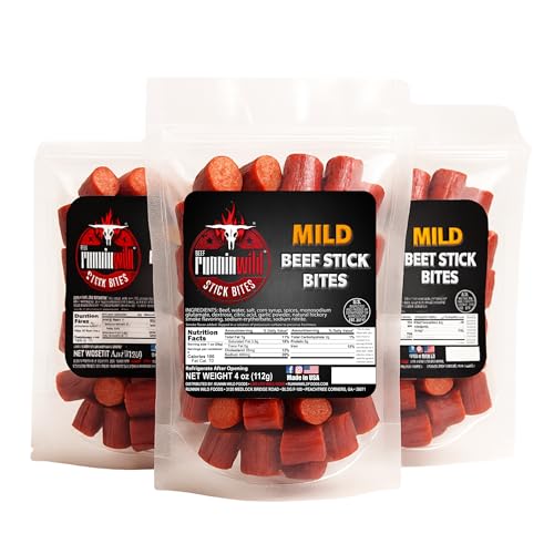 Image of Mild Mini Beef Sticks Bites - 100% Beef Snack Bites | Bite-Sized Meat Snacks | 12 ounces total (Pack of 3 bags, 4oz each), Runnin' Wild Foods
