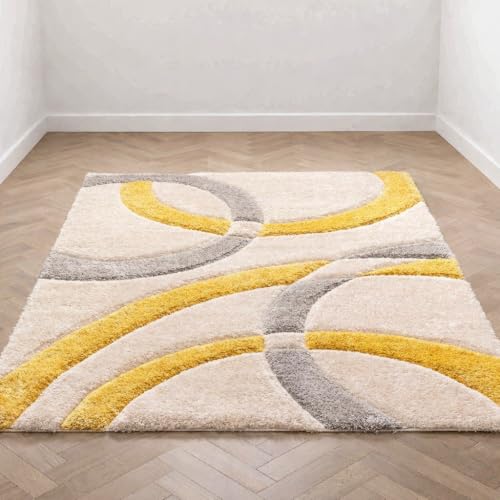 Image of Meraz Carpet 5x7 Feet Rectangular Yellow Silver Microfiber Anti Skid Soft Fluffy Area Rug for Living Room Bedroom Kids Room Modern Home Decor
