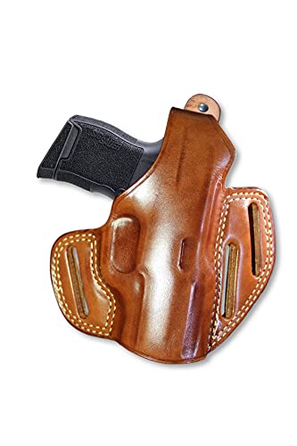 Premium Leather OWB Three Slot Pancake Holster with Thumb Break Fits, Standard Sig P365 with Out Rail 9mm Micro Compact 3.1''BBL, Right Hand Draw, Brown Color #1329#