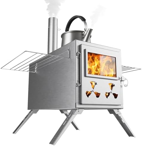 MOPHOTO Camping-Holzofen, Heißer Zeltofen mit Rostfreien Kaminrohren und Funkenschutz, Kleiner Camping-Holzofen zum Heizen im Freien, Kochen, Eisfischen, Jagen