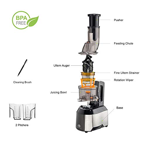 Ventray Slow Press Masticating Juicer,Easy to Clean,Reverse Function, BPA Free,Large Feed Chute,Juice Extractor,Brush,Recipe,Juice Jars,Black