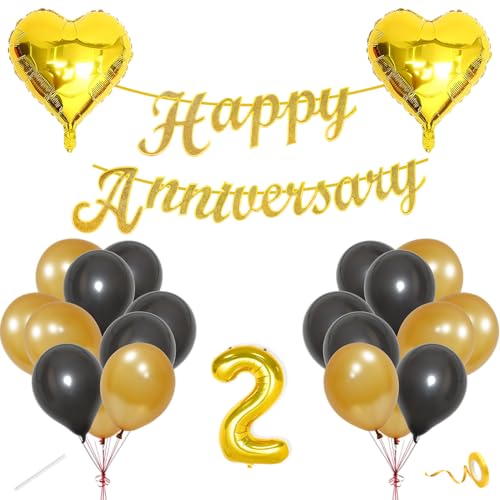 Image of Flyloons 2nd Happy Anniversary Decoration Items Gold Black for Men Women Husband Wife Mom Dad Parent Couple Home Bedroom Car With 20 Pcs Metallic Balloons Anniversary Banner 2 Pcs Heart Set Kit Golden