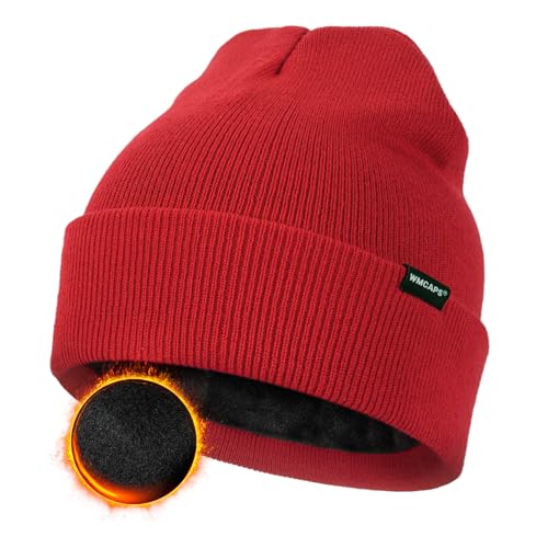 Wmcaps Knit Beanie for Men, Unisex Classic Winter Hats, Fleece Lined Cuffed Mens Beanie and Women, Workwear Thermal Woolly Hat, Birthdays for Her or Him(Red)