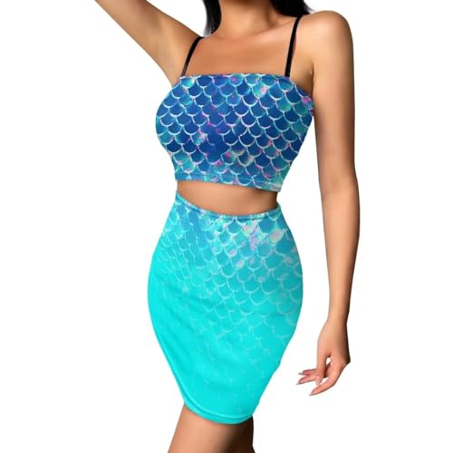Image of Biyejit Women's 2 Piece Summer Outfits Spaghetti Strap Crop Tops and Bodycon Mini Skirt Dress Set Plus Size S-4XL