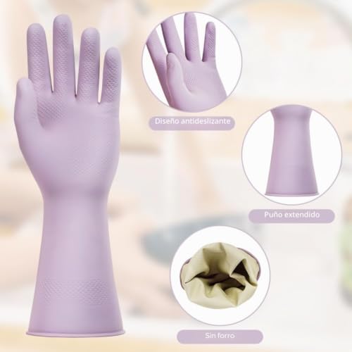 Miniatura 4 de Auauy 3par Reutilizables Guantes Limpieza Hogar, Antideslizantes Guantes Limpieza Sin Olor, Impermeables Guantes Largos Con Palma En Relieve Para Limpieza Cocina, Lavandería Verde Naranja Morado, M