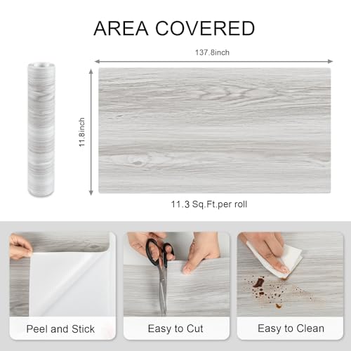 Peel and Stick Floor Tiles: 11.8x137.8inch Wood Grain Texture, Self-Adhesive and Waterproof Vinyl Flooring Roll, No Residue Ash White Flooring for Bathroom, Kitchen, Bedroom (Covers 11.3 Sq.Ft)
