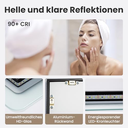 Youyijia LED Badspiegel mit Beleuchtung, 70 x 50 cm Wandspiegel Badezimmerspiegel Kaltweiß 6000K Energiesparend Lichtspiegel 2