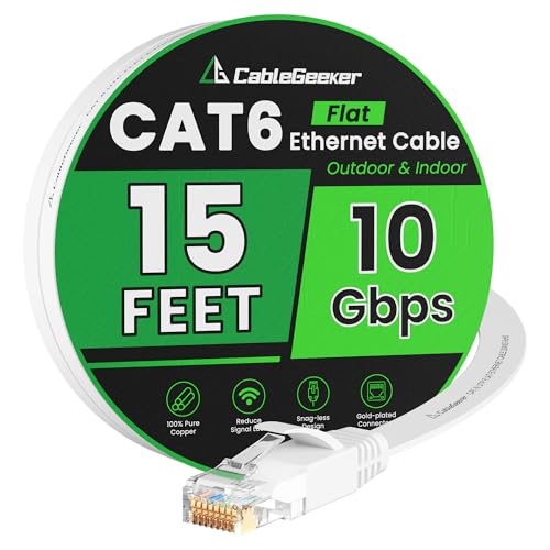 Cat 6 Ethernet Cable 15ft, Indoor&Outdoor, High Speed 10Gbps Flat Internet Network Cable, Pure Copper Ethernet Patch Cable Short, Cat6 Computer Cable with Snagless RJ45 Connectors, White by CableGeeker - Used condition - US$6.42