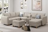 EASE MOOSE Leather Sectional Sofa with Storage, U Shaped Faux Leather Sectional Couch Large Modular Sofa, Whitesand