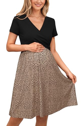 Image of OUGES Maternity Nursing Dress Breastfeeding Short Sleeve V Neck Casual Pregnancy Clothes with Pockets