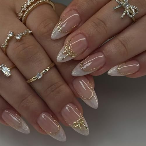 Medium Almond Press on Nails Full Cover False Fake Nails Press ons French Tip White Stick on Nail Nude Acrylic Fake Nail Gold Line Bow Design Luxurious Artificial 24Pcs Reusable for Women