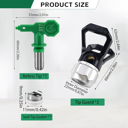 TUDUD 7 Pcs Airless Sprayer High Pressure Tips Reversible Spray Nozzle Tips with 2pcs Tip Guards for Airless Paint Spray Guns (109, 211,315, 417, 515, 517, 623)