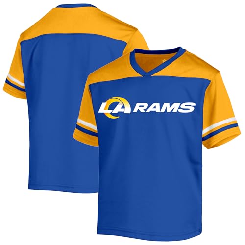 NFL Kids Youth 8-20 Officially Licensed Team Color Wordmark Primary Logo Victory Stripe V-Neck Jersey T-Shirt (Los Angeles Rams Blue, 14-16)