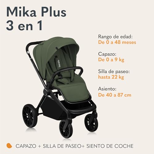 Miniatura 2 de Lionelo Mika Plus 3 En 1 Silla De Paseo Bebe 0-48 Meses A 22 Kg Capazo Hasta 9 Kg Silla De Coche Portabebés Hasta 13 Kg, Respaldo Ajustable, Suspensión, Ruedas 360 Capota Xxl Carrito De Bebe Green