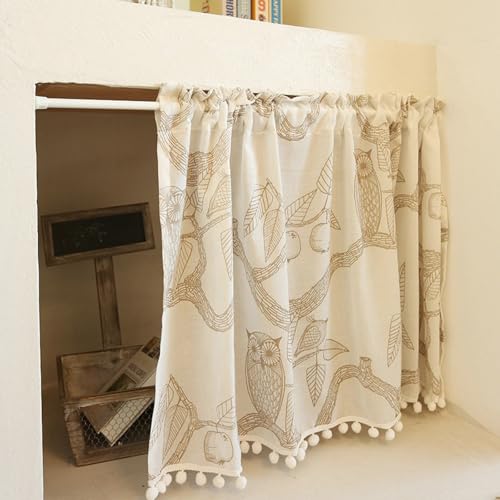 Cortina de cocina que bloquea la luz y decora con divertidos pompones beige 4