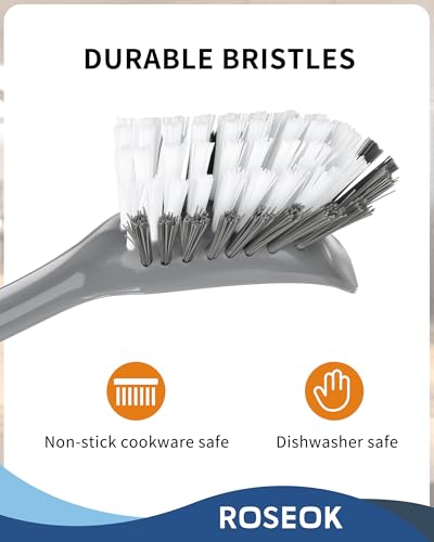 Image of ROSEOK Dish Brush, Dish Scrubber, Nylon Bristles with Built-in Scraper | For Cleaning Dishes, Pots, Non-Stick Pans and Sinks, Black, 2 Pack