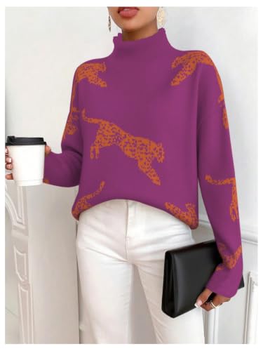 Image of WDIRARA Women's Leopard Tiger Print Sweater High Neck Long Sleeve Fuzzy Knitted Pullover Top
