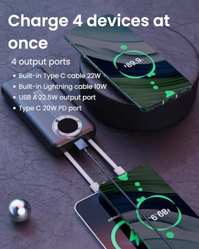 SEVENAIRE Power Bank 20000mAh | 22.5W Super Fast Charging PD | QC 3.0| Built-in Type C & Lighting Cables | Battery Display| Power Bank for iPhone, Samsung, Pixels, Type C PD Input/Output (P200 Black) - Image 5