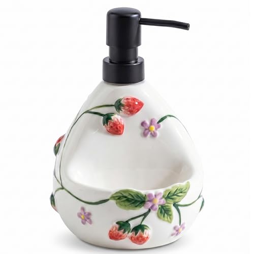 Ceramoira Strawberry Soap Dispenser with Sponge Holder for Countertop 20oz