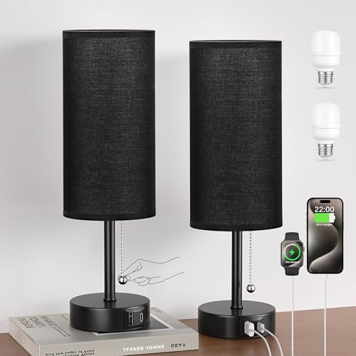 PartageiZ Black Bedside Lamps for Bedroom Set of 2 - Nightstand Table Lamp with USB Charging Port, Pull Chain Night Stand Light, Side Table Desk Reading Lamp for Living Room/Dorm/Bathroom/Kitchen by PartageiZ - Used condition - US$24.73