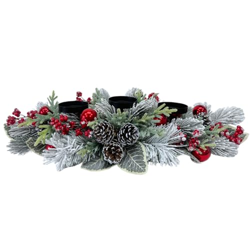 Svndlyn Portavelas de Navidad, 3 portavelas, centro de mesa de Navidad con ramas de pino nevadas, piñas, bayas rojas