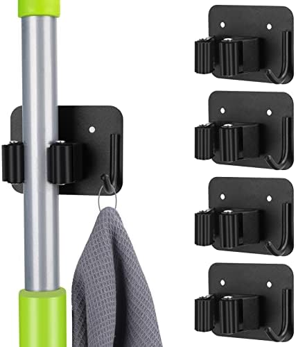 AirCover Mop and Broom Holder Wall Mounted. Non-slip Stainless Steel Broom Gripper Mop Hanger Brush Holder Hook Self Adhesive. Organization and Storage for Home Garden Garage Kitchen Laundry Room