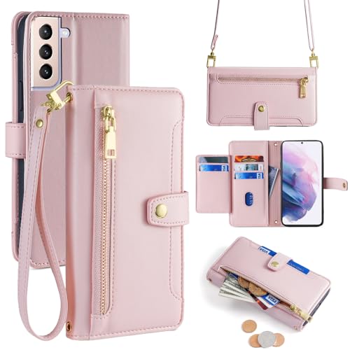 Sac à bandoulière Samsung A17 étui portefeuille zippé et porte-cartes rose