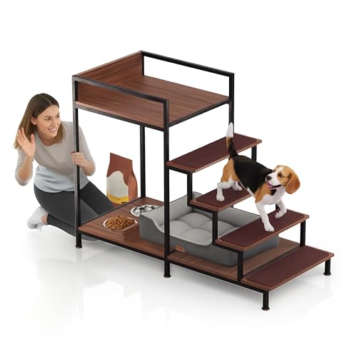 Dog Window Perch with Stairs - Multilevel Perch to Look Out Window with 130 lbs Load Capacity - Pet Bunk Bed with Feeding Station & Anti-Slip Carpet (Walnut Color)