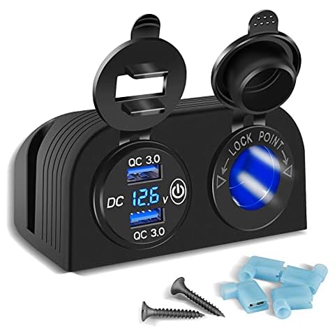 [2021 Upgraded] Tent Type Panel Two Hole, Quick Charge 3.0 Dual USB Car Charger+12V/24V Cigarette Lighter Socket for Car Motorcycle Boat Marine ATV RV Cover