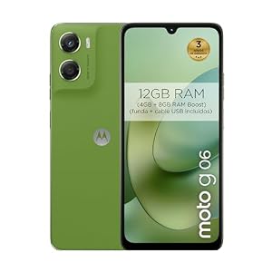 Moto G06, 12 GB (4 GB + 8 GB RAM Boost)/256 GB Farb-Pantone Tendril, großes Display von 17,3 cm (6,88 Zoll) mit Dolby Atmos-Sound, Kamerasystem mit 50 MP, IP64 wasserdicht, 5100 mAh Akku