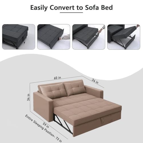 Image of CASASTYLE Trissa 2 Seater Pull-Out Premium Fabric Sofa Cum Bed Sofa Set for Living Room (Beige Fabric)