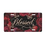 Blessed Faith License Plate Christian Inspirational Gift - Premium Aluminum 12x6 Waterproof Religious Car Decor Red Roses Butterflies Design - Flat Print
