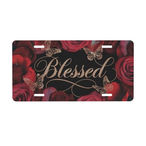 Blessed Faith License Plate Christian Inspirational Gift - Premium Aluminum 12x6 Waterproof Religious Car Decor Red Roses Butterflies Design - Flat Print
