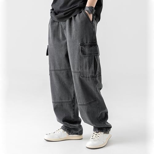 Mens Loose Fit Straight Leg Denim Cargo Pants Hip Hop Baggy Wide Leg Jeans Causal Streetwear Pant Trousers4