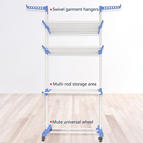 TOLUON Movable Clothes Drying Rack - 4 Castors, 3-Tier Clothes Horse Rack, Laundry Garment Dryer Stand with Two Side Wings for Home Use (Blue) - Image 3