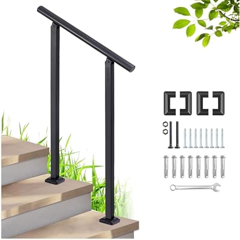 SDNBHT Handrails for Outdoor Steps Black Wrought Iron Outdoor Handrails for Exterior Steps 1-2Steps Hand Rails for Outdoor Steps Safety Stair Railing for Deck Gates Porch Concrete Cover