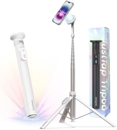 KraftGeek 66'' Magnetic Phone Tripod for iPhone MagSafe – Automatic Selfie Stick with Remote, Portable Tripod Stand for Video Recording, Travel, Vlogging (White)