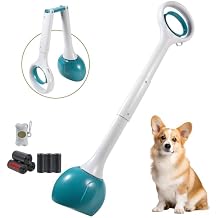 Dog Pooper Scooper Portable with Bag Attachment, One Handed Foldable Design, Includes 120 Waste Bags and Dispenser, 28 Inch Handle for Grass Yard Gravel Cleanup Green