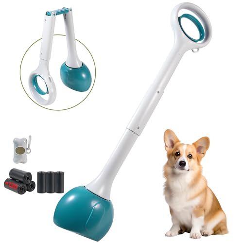 Image of Dog Pooper Scooper Portable with Bag Attachment, One Handed Foldable Design, Includes 120 Waste Bags and Dispenser, 28 Inch Handle for Grass Yard Gravel Cleanup (Green)
