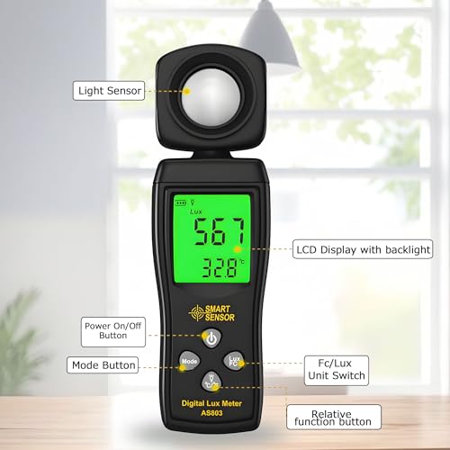 Digital Light Meter, Backlit LCD Display Lux/Foot Candles Meter with 180º Rotating Sensor, Range up to 200,000 Lux Luxmeter,for Photography Plants Lighting Intensity Brightness Measurement - Thumbnail 6
