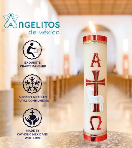 Angelitos de Mexico Paschal Candle, Religious Ceremonial Baptism Candle for Easter and Lent Cirio de Pascua, Cuaresma (Red)