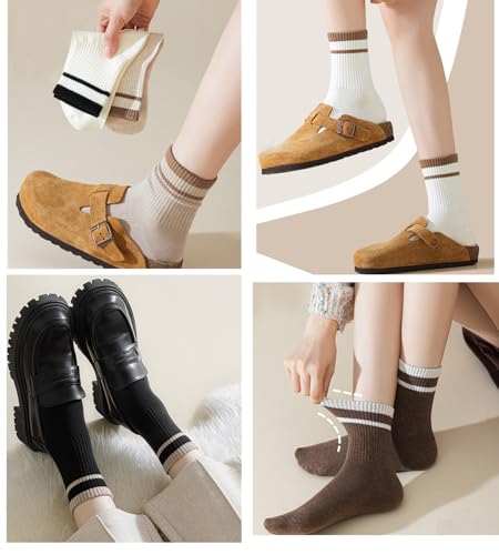 Image of Deeorla Womens Striped Crew Socks Brown Vintage Retro Athletic Socks 5 Pairs