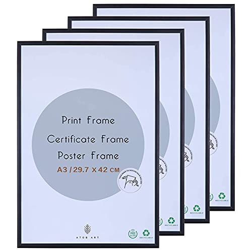 Image of A3 Aluminum Photo Picture Frame - 29.7 x 42 CM Black Metal Certificate Frames with Perspex Glass for Wall Display Horizontally or Vertically in Living Room Bedroom Gallery, Set of 4