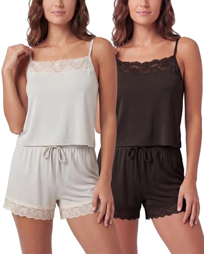 Image of Real Essentials 2 Pack: Women's Lace Trim Cami and Short Set Cute Pajama PJ Sleepwear Nightwear Pajamas Sleep Soft Drawstring