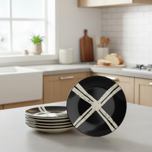 Image of BLACKCARROT Ceramic Quarter Plates Small Dinner Plates Set of 6 Handcrafted Stoneware Black Splash & Serving Platter for Snacks & Dessert Microwave and Dishwasher Safe -Size 7.5 Inches