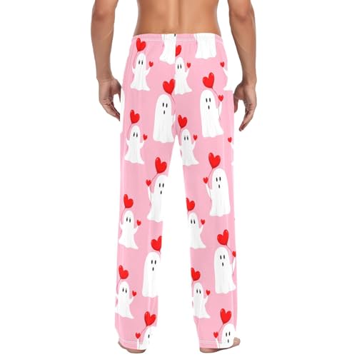White Spirits with Hearts Pattern Men's Cotton Pajama Pants with Pockets and Drawstring Comfortable and Stylish,S3